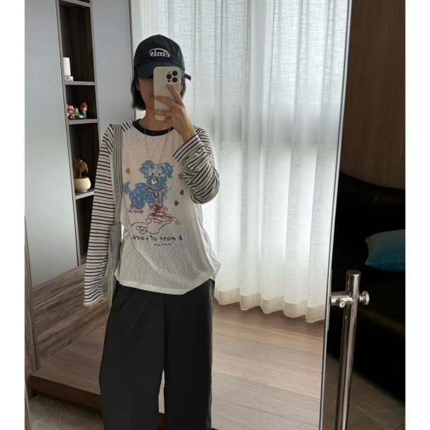 BY SUCHEN 插肩袖显瘦条纹撞色潦草小狗印花长袖薄款罩衫T恤