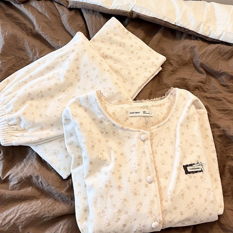 甜美碎花德绒睡衣女秋冬季新款保暖加厚长袖长裤家居服可外穿yj