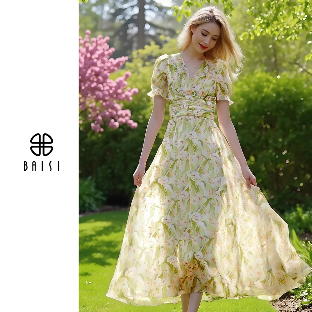 BAISI/百丝南法花朵显瘦连衣裙气质印花温柔风小众夏季裙子碎花