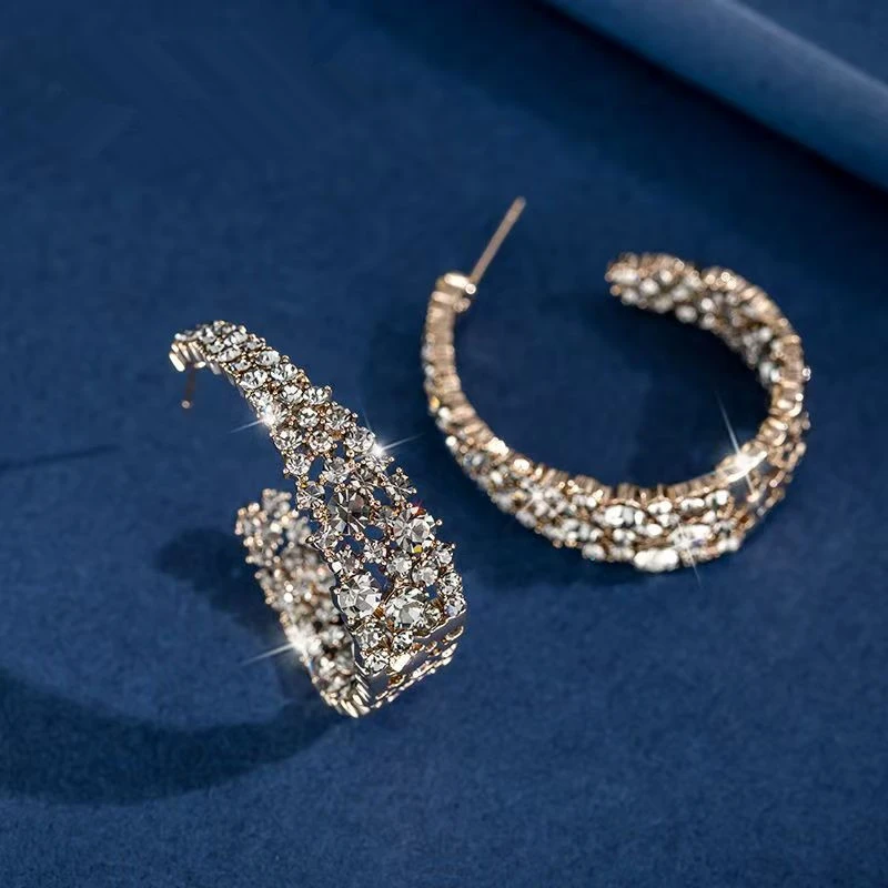 合金锆石耳饰 复古夸张巴洛克满镶锆石C型耳环