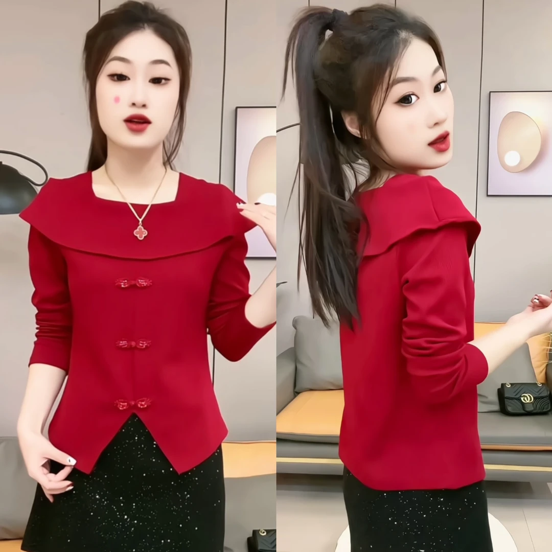 国风衬衫上衣春秋冬长袖洋气时尚打底女装气质显瘦红色小衫