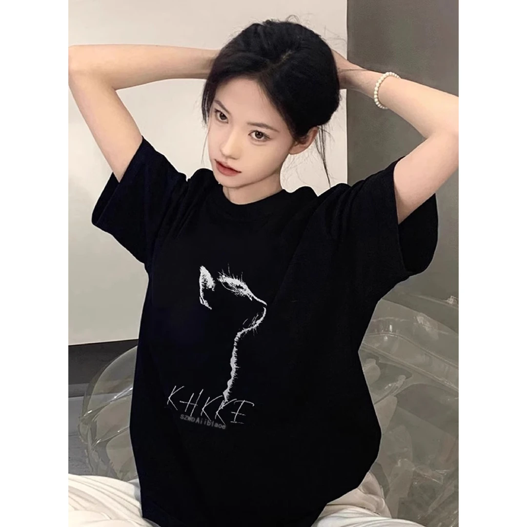 潮牌美式复古猫咪正肩短袖t恤女夏季2025新款设计感小众大版上衣