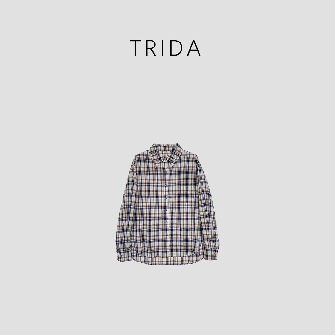 【Trida】女士蓝棕格子翻领纽扣精梳棉长袖衬衫5095LL
