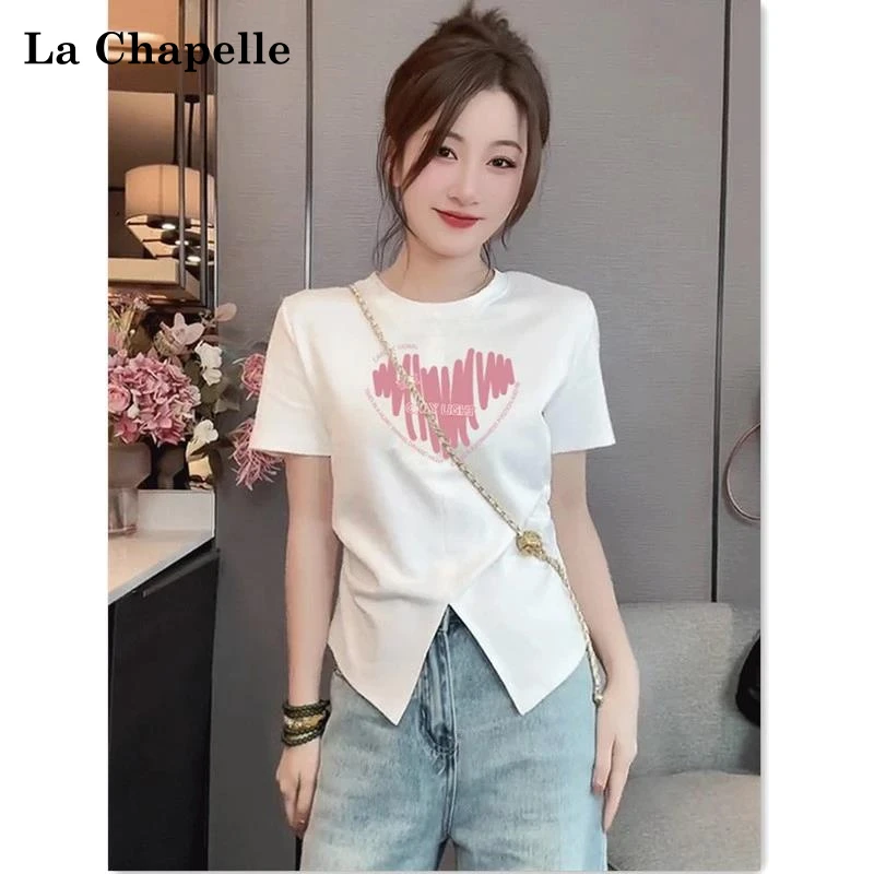 拉夏贝尔不规则圆弧下摆开叉棉质短袖T恤女士夏季修身显瘦纯欲风
