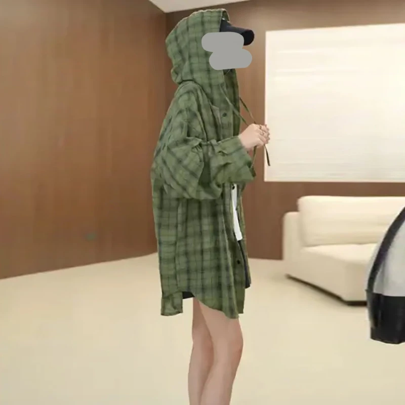 时尚百搭设计感独特格子连帽衬衫通勤减龄百搭休闲独特长袖外套女