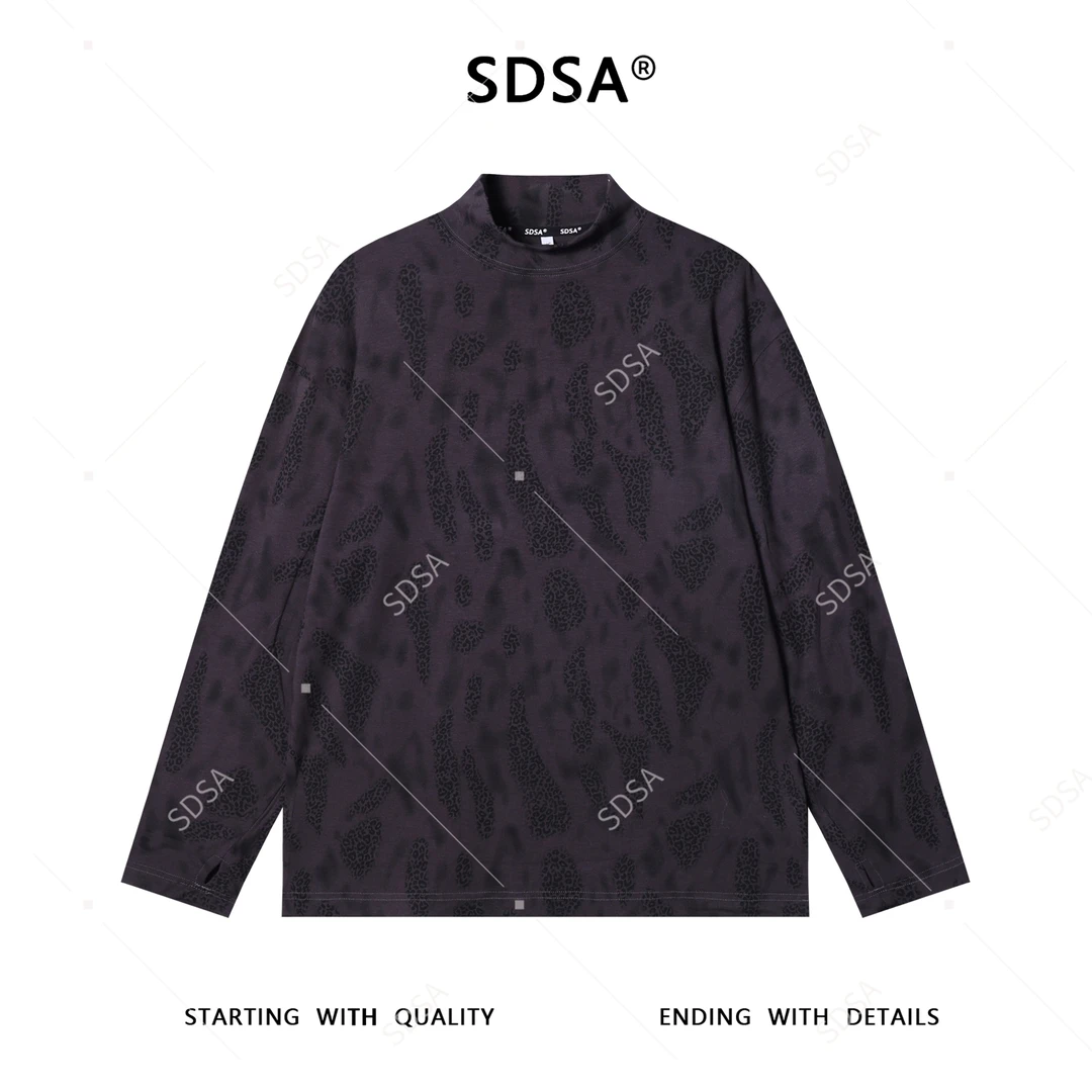 SDSA男士秋冬新款痞帅男装美式扎染豹纹印花半高领长袖T恤时尚潮