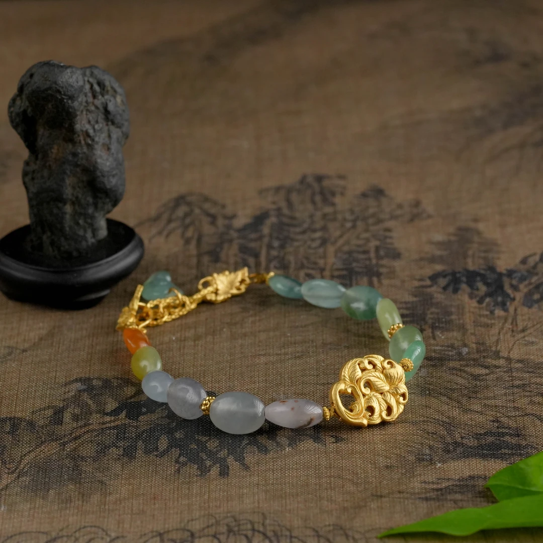 【观月】【福禄生花】天然冰种多宝扁珠翡翠24k足金手链