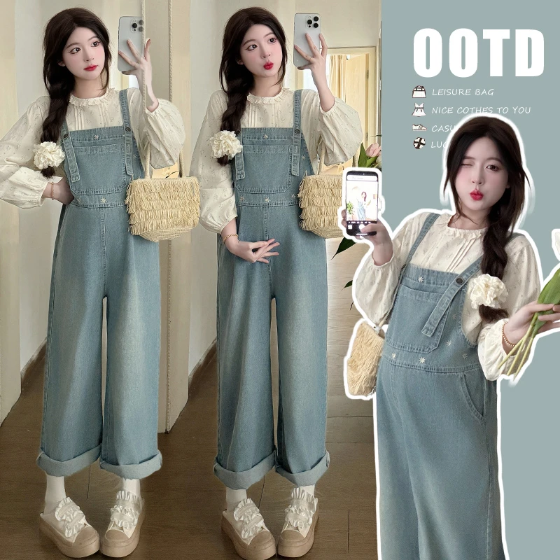 【KIKI严选】2025孕妇装韩版休闲简约牛仔背带裤衬衣春季孕妇套装