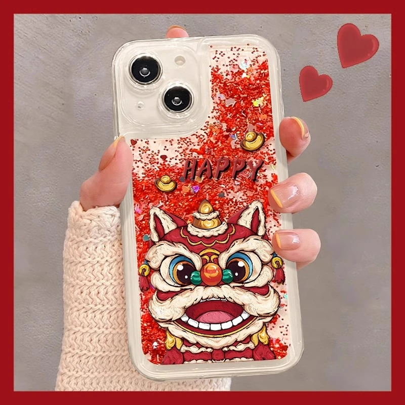 元宝醒狮适用苹果16promax红色流沙手机壳15pro新年款14/13/12/11