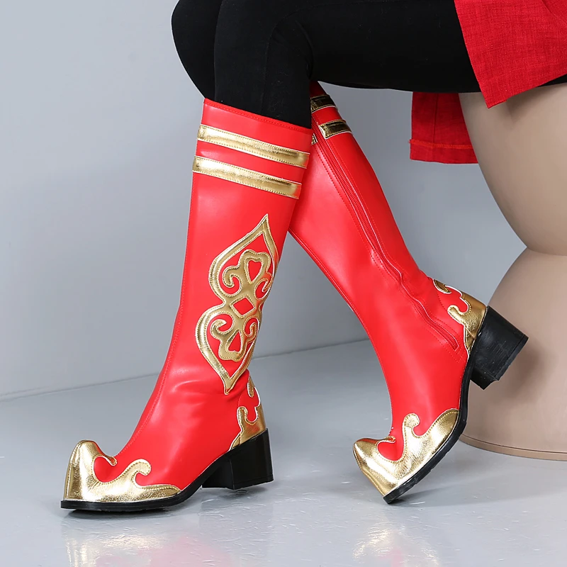 新款少数民族风民族舞台表演翘尖红色高跟表演演出专用高筒靴耐磨