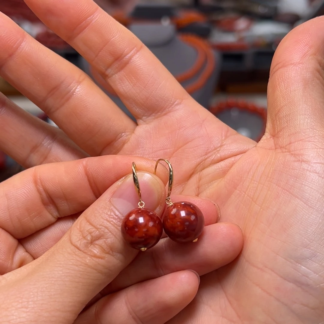 南红玛瑙未镶嵌耳饰火焰纹耳坠