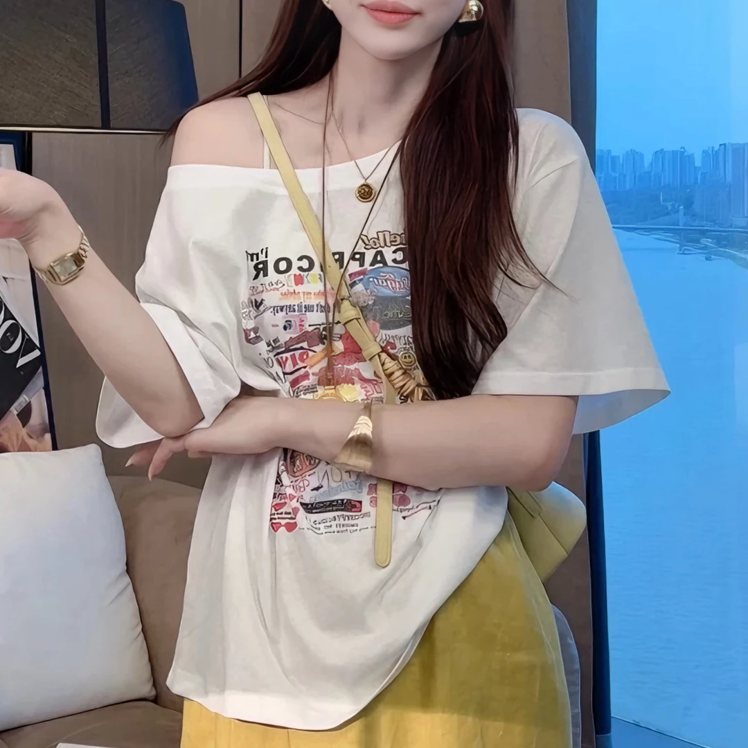 美式慵懒风字母印花露肩短袖T恤女士2025夏新款套头显瘦休闲上衣