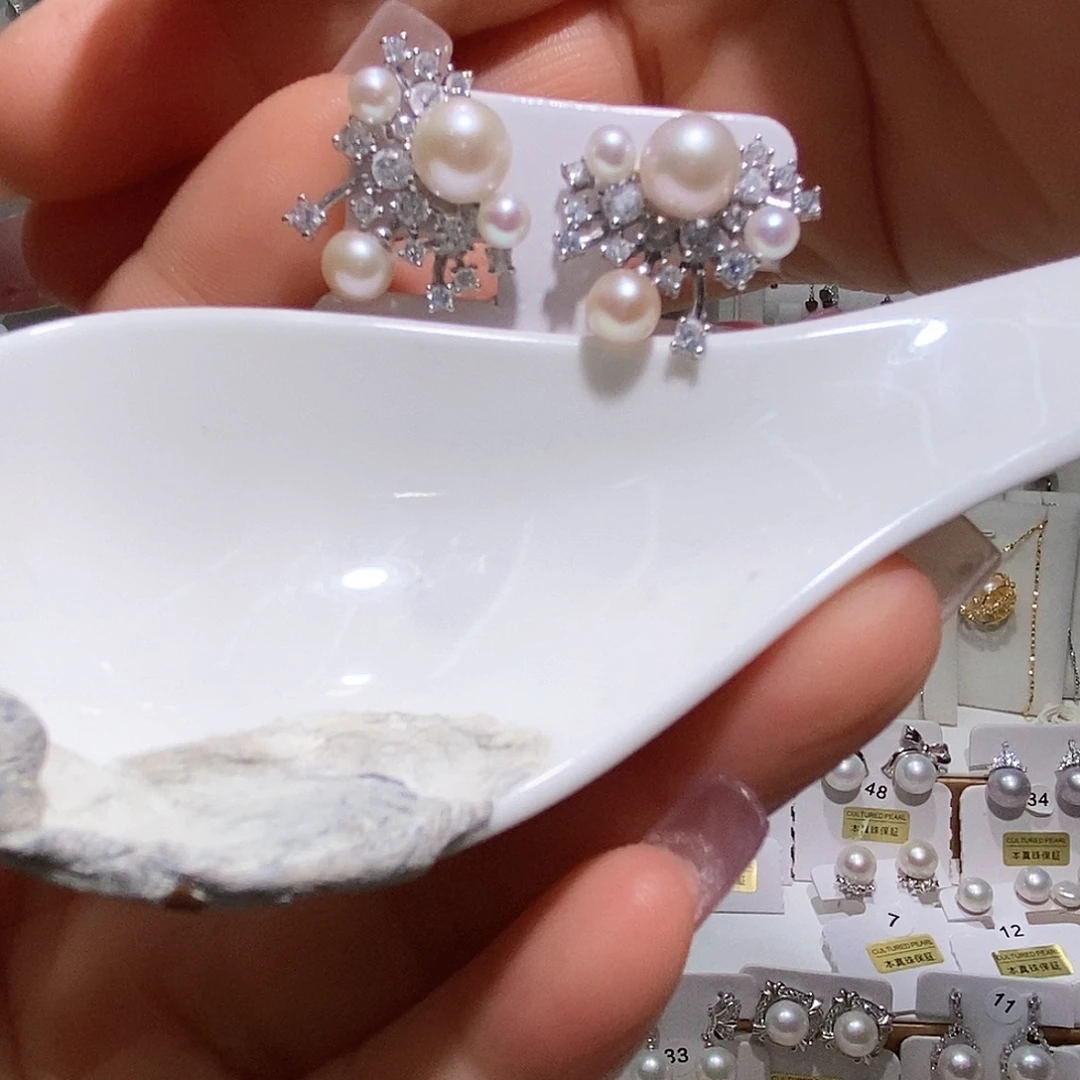 淡水珍珠耳饰银S925镶嵌极光烟花耳钉