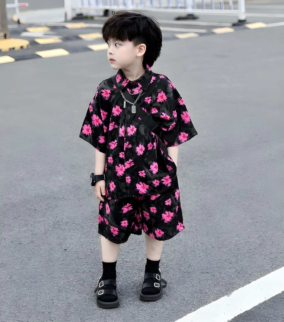 男童套装2025夏季新款儿童冰感爽滑短袖印花洋气衬衫短裤两件套