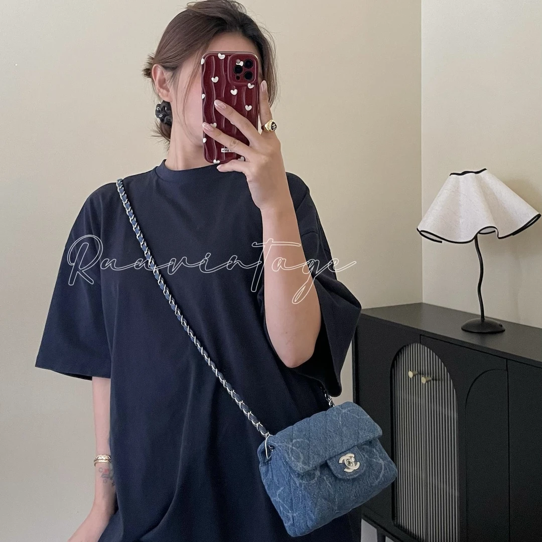 95新 Chanel/香奈儿 蓝色银扣牛仔布双C涂鸦方胖子单肩斜挎包6471
