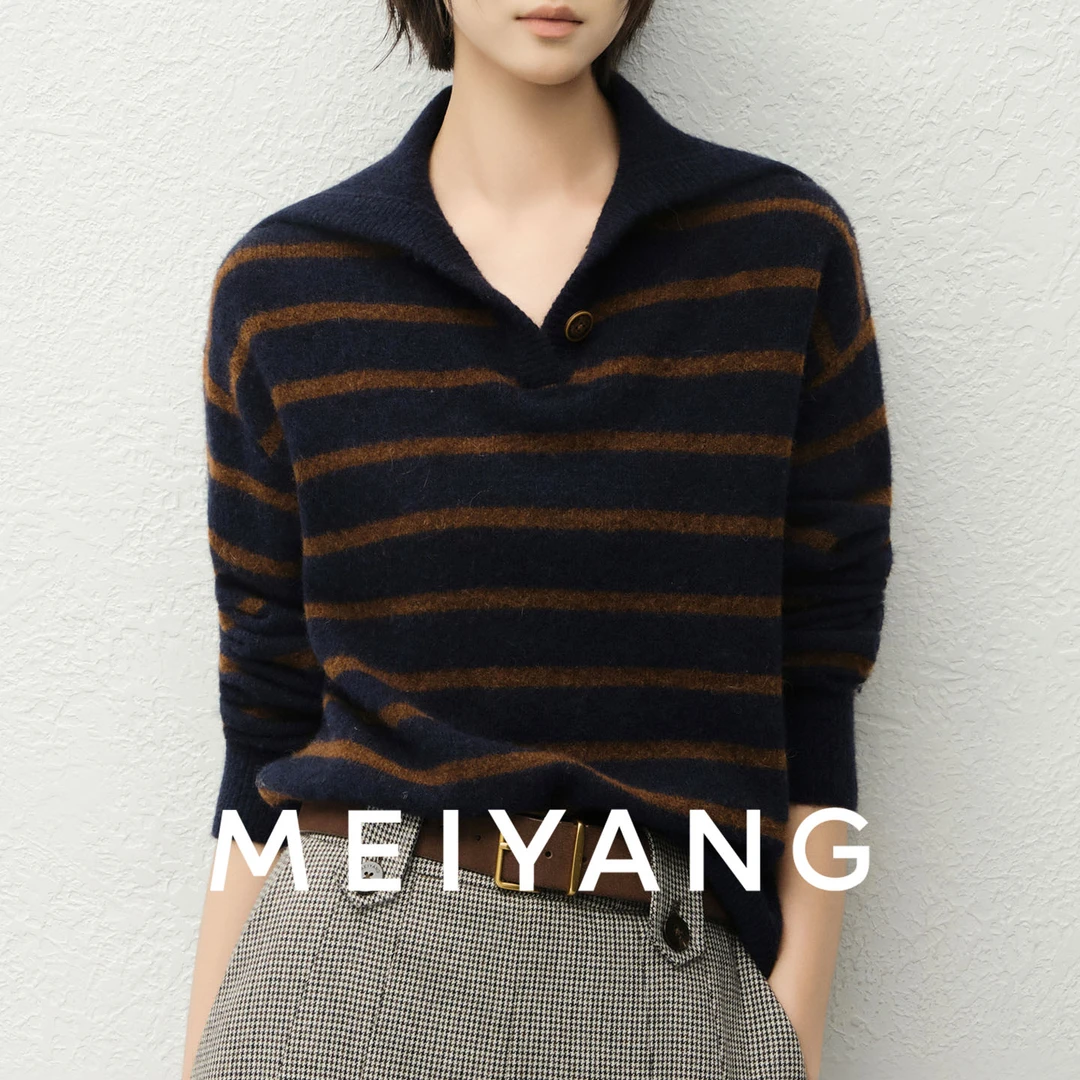 A美洋MEIYANG 盐巧毛衣【暖系流光】羊毛羊驼毛条纹polo针织衫-周一