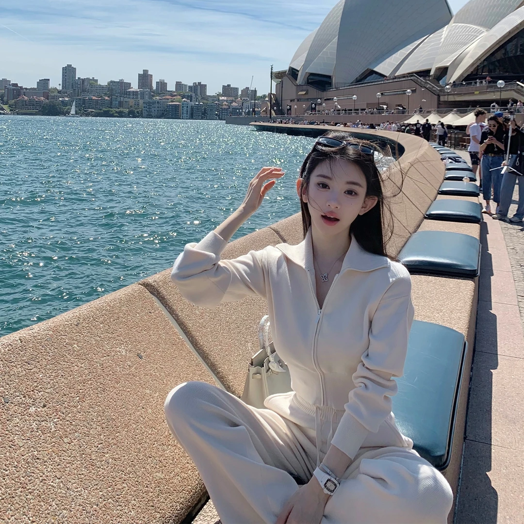 「私服a10套装」软糯厚实针织套装 翻领收腰开衫+直筒长裤