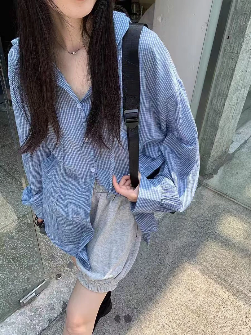 2025韩版风格纹连帽衬衫女新款宽松百搭减龄外套