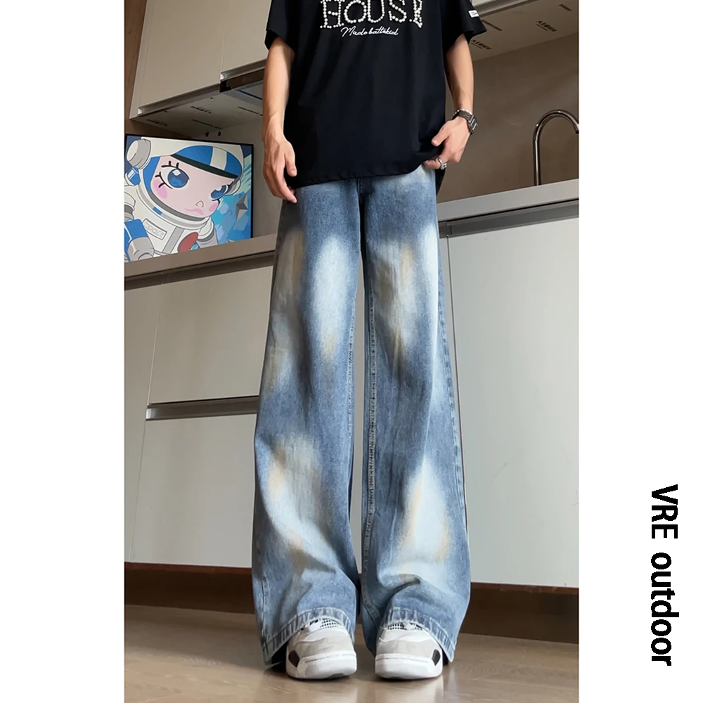 美式复古牛仔裤男款春秋季高级感阔腿裤子宽松直筒不贴腿微喇裤