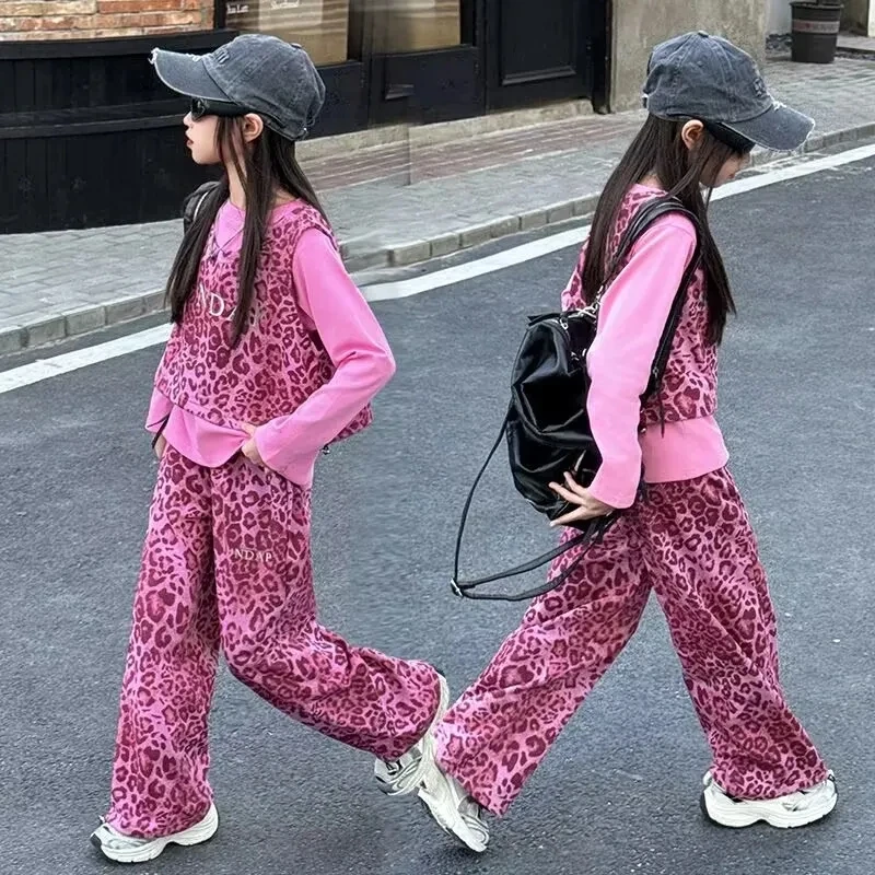 女童春季套装新款洋气时髦中大童春装豹纹背心卫衣三件套休闲运动