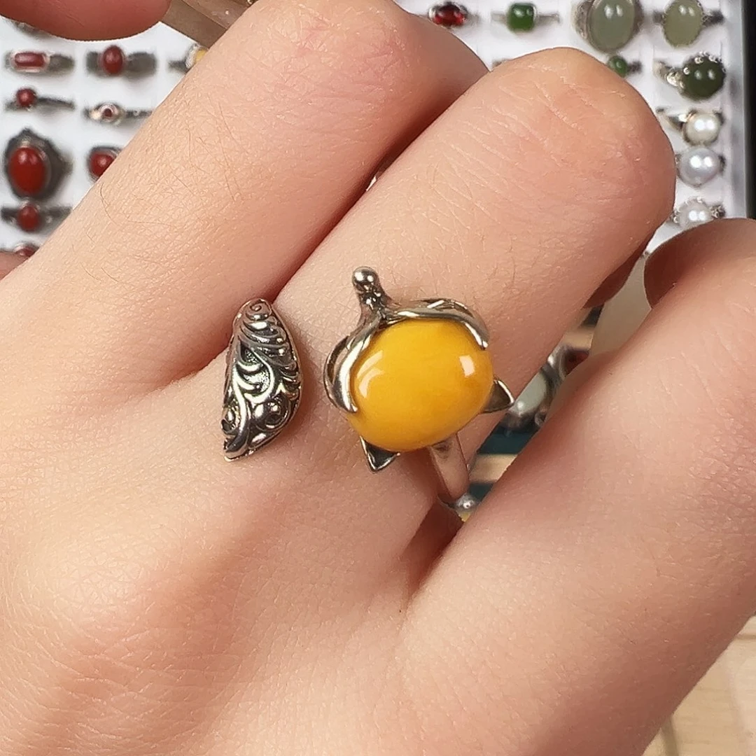 蜜蜡银S925镶嵌戒指，