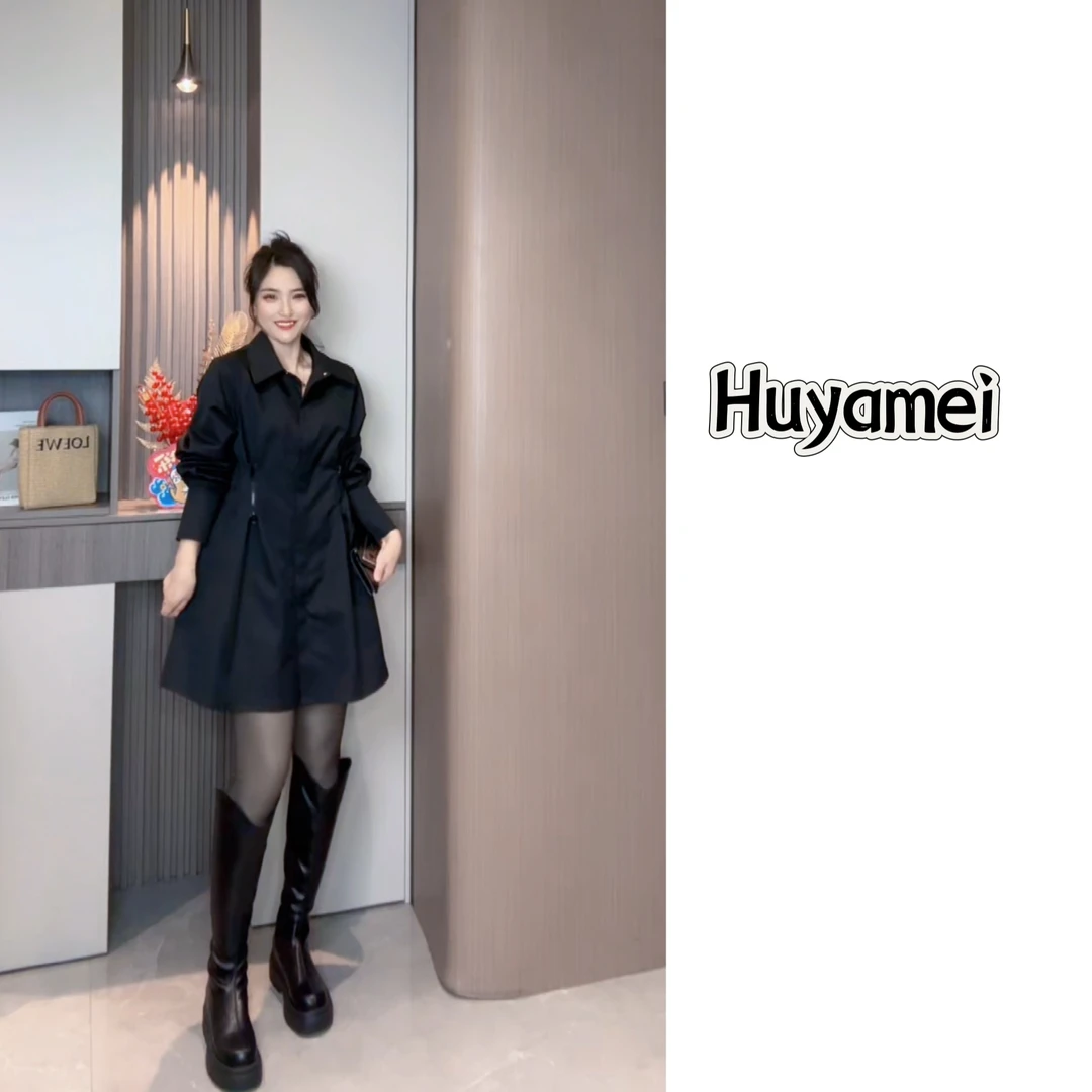 气质翻领百搭拉链收腰显瘦设计感衬衫裙风衣短