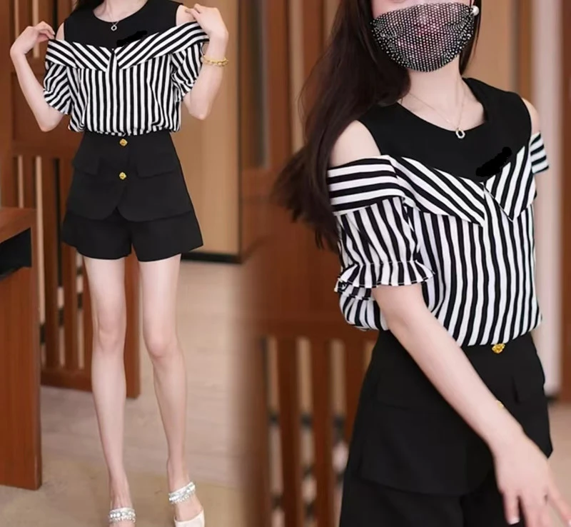 时尚百搭洋气假两件套短袖雪纺衫