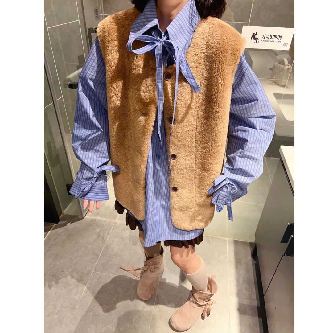 纯欲风绑带蝴蝶结长袖衬衫女2025秋冬新款宽松洋气减龄条纹中长衫