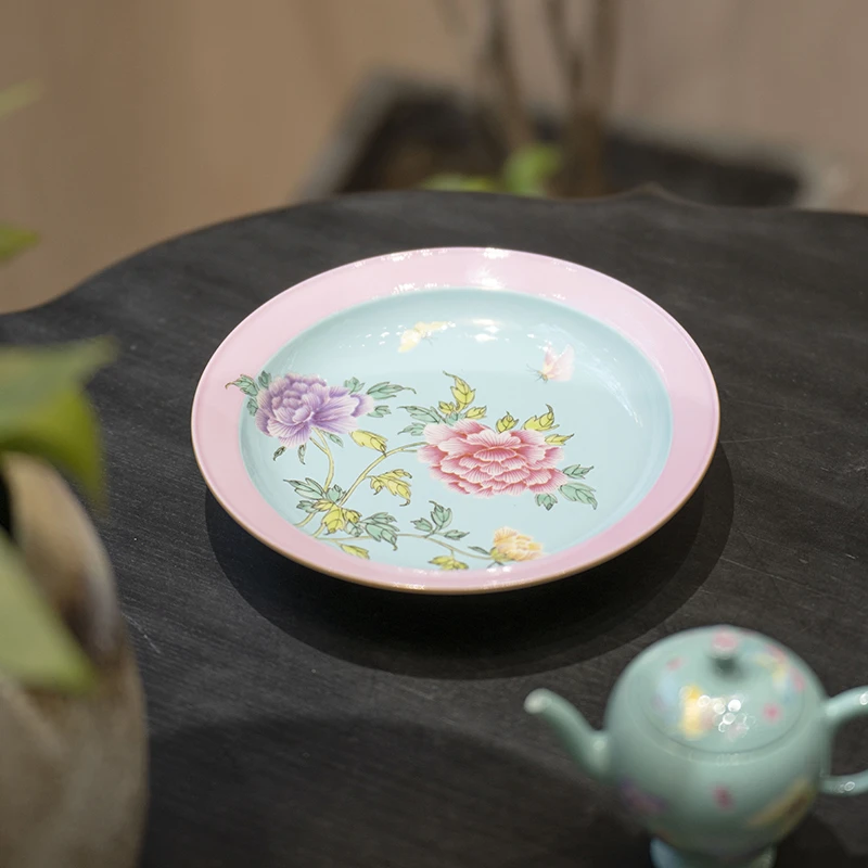 YTJ00382 浮繁-松石绿地粉边粉彩牡丹壶承