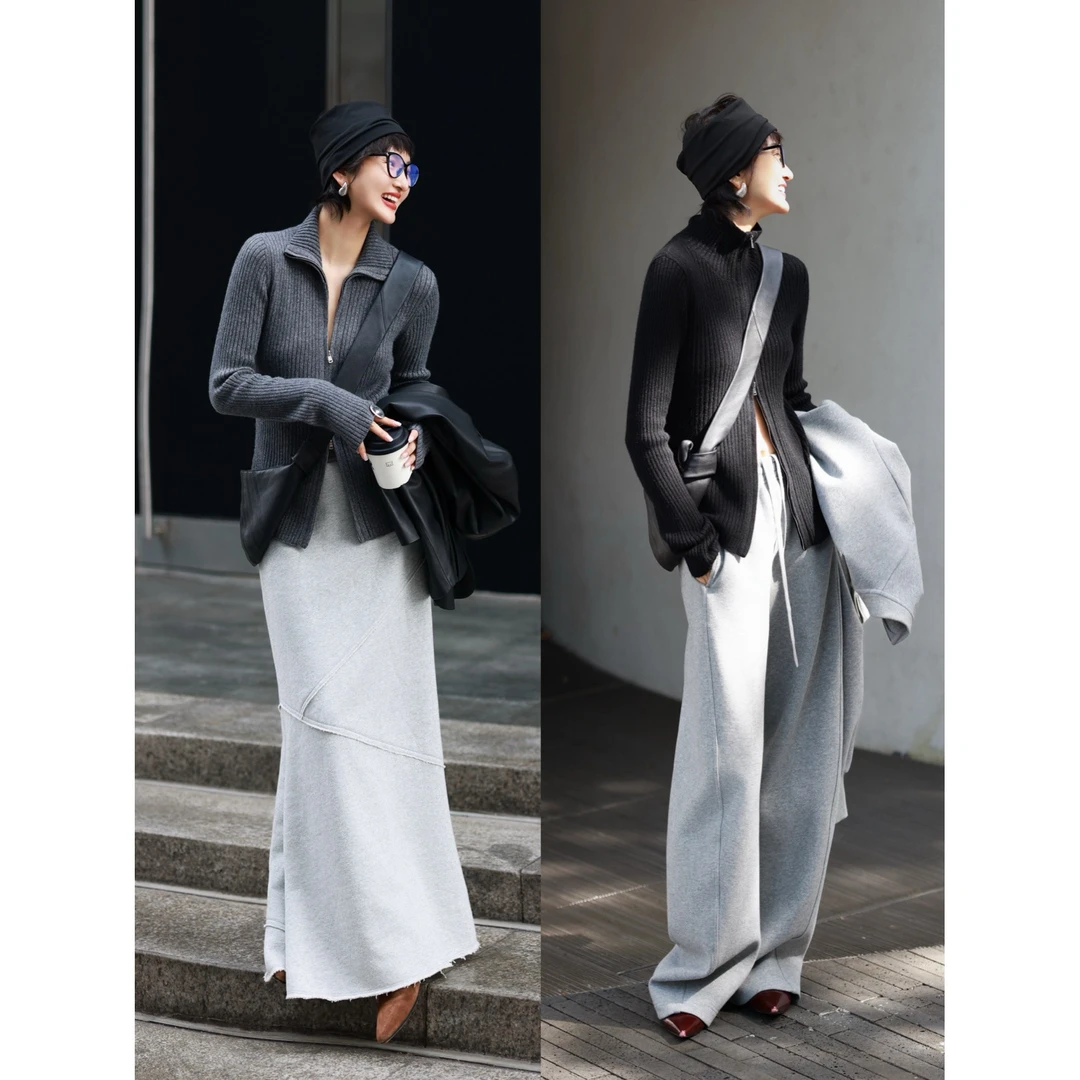 【港派休闲】山羊绒双拉链竖条纹直筒秋冬高腰开衫毛衣灰色秋季上衣