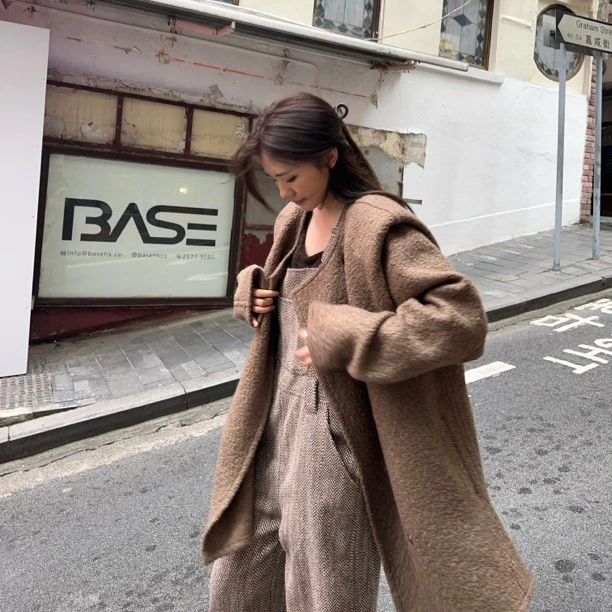 『桃子家』简约单粒扣宽松西装大衣气质咖色中长款毛呢外套