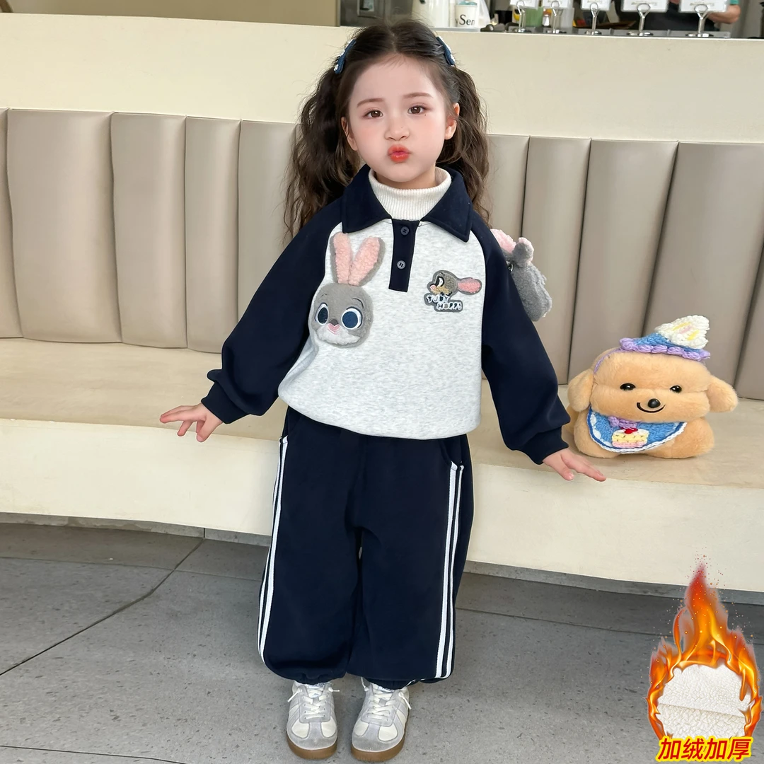 女童冬装加绒卡通卫衣套装运动套装