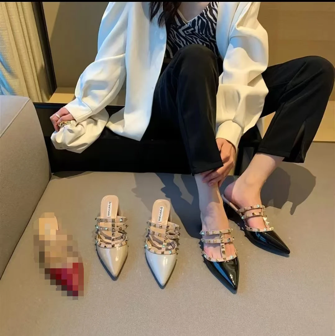小码福利！铆钉漆皮包头低跟时装凉鞋夏季时尚-9125