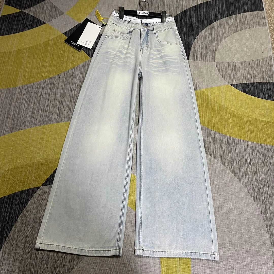 C5-88089 薄款 浅复古蓝超长小众双腰拼接阔腿裤 无弹（不退换）