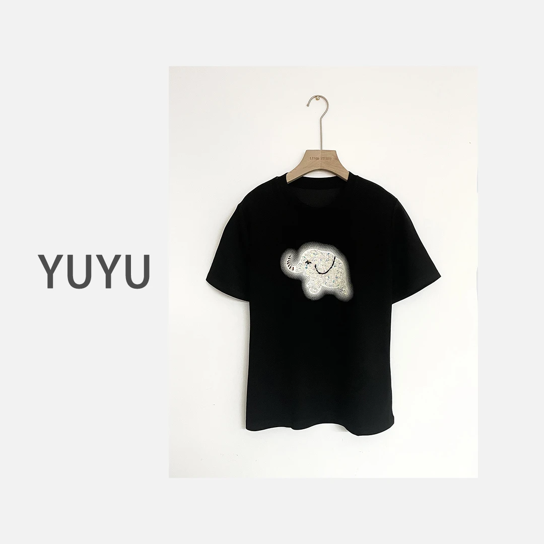 【亮花眼】珠片小象刺绣圆领休闲宽松百搭设计感T恤.Y867