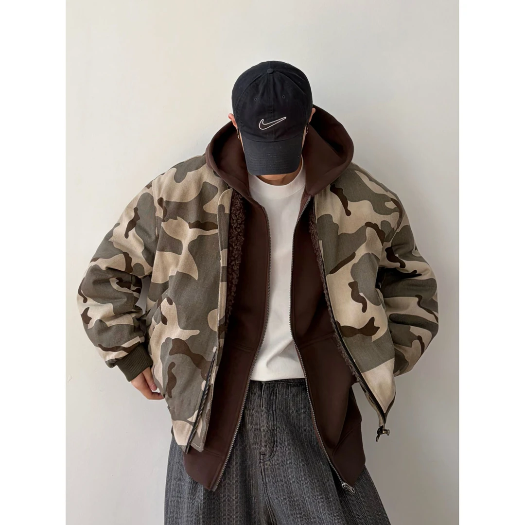 dannyandzee冬季重磅百搭双面穿做旧迷彩圈圈毛绒加厚外套棉衣861