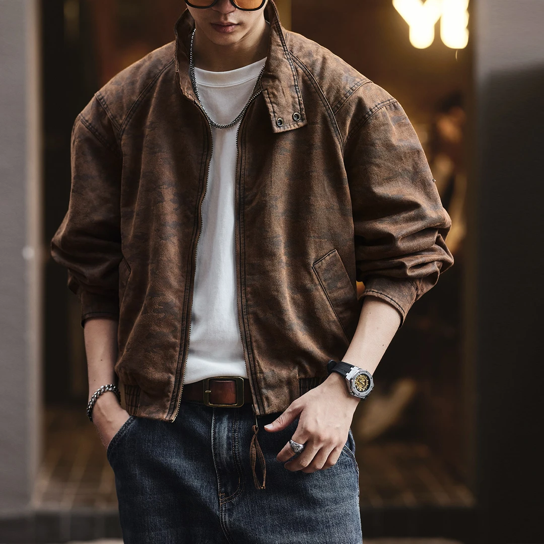 格蓝鹿美式巴恩风重磅机车立领夹克男秋季新款暗迷彩牛仔工装外套