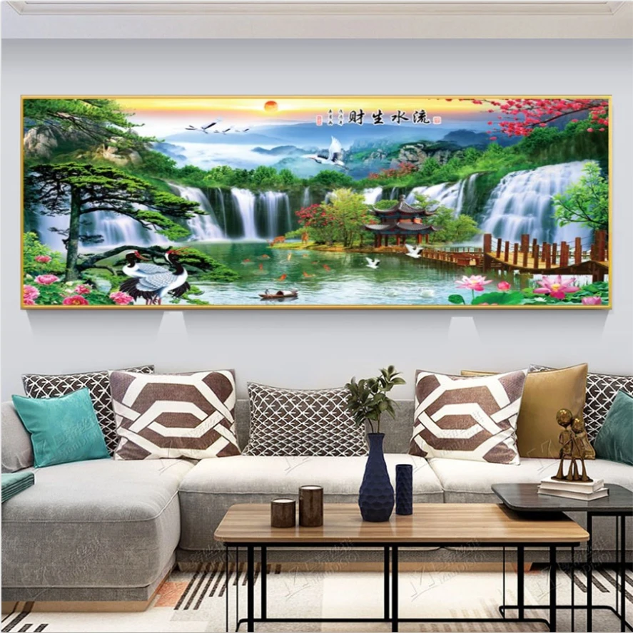 （新中式流水生财山水画）客厅沙发背景墙晶瓷手工镶钻装饰挂画