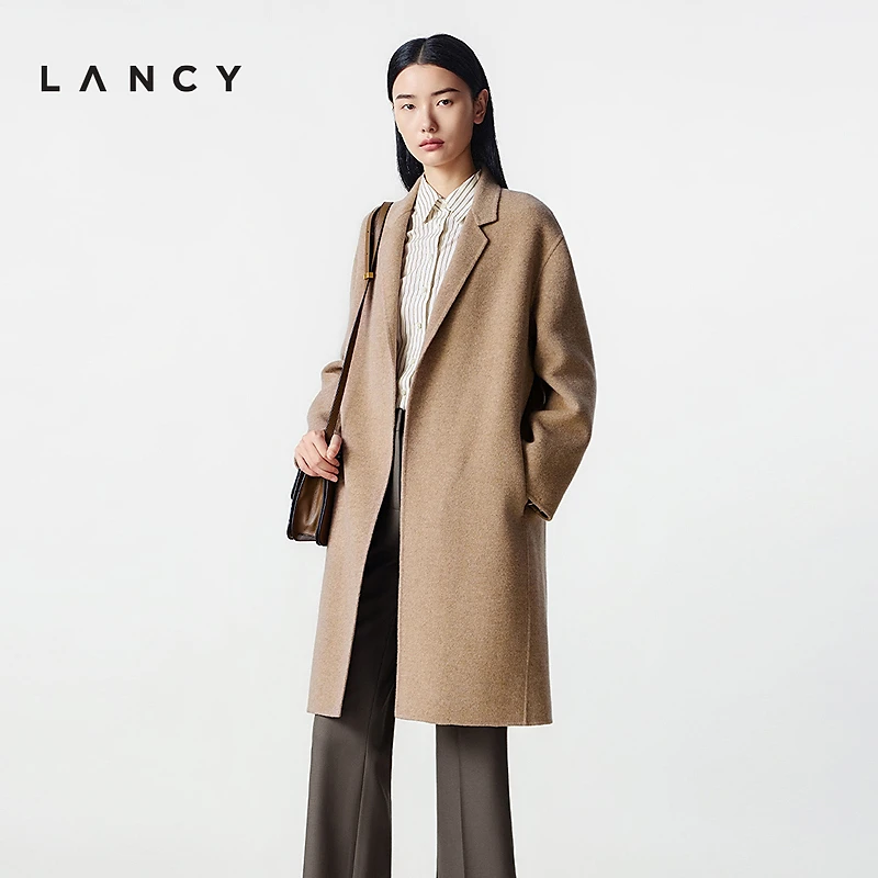 【纯羊毛】LANCY/朗姿2025冬新款简约通勤双面呢中长款毛呢外套女