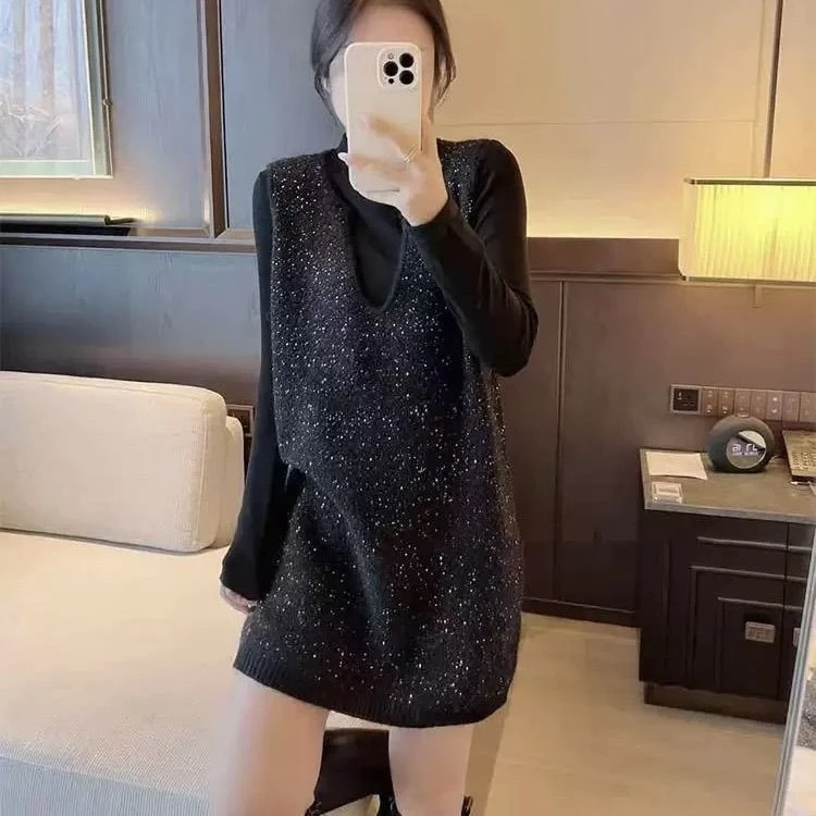 秋冬新款亮闪闪511082-2亮片百搭坎肩针织马甲2025毛衣背心连衣裙