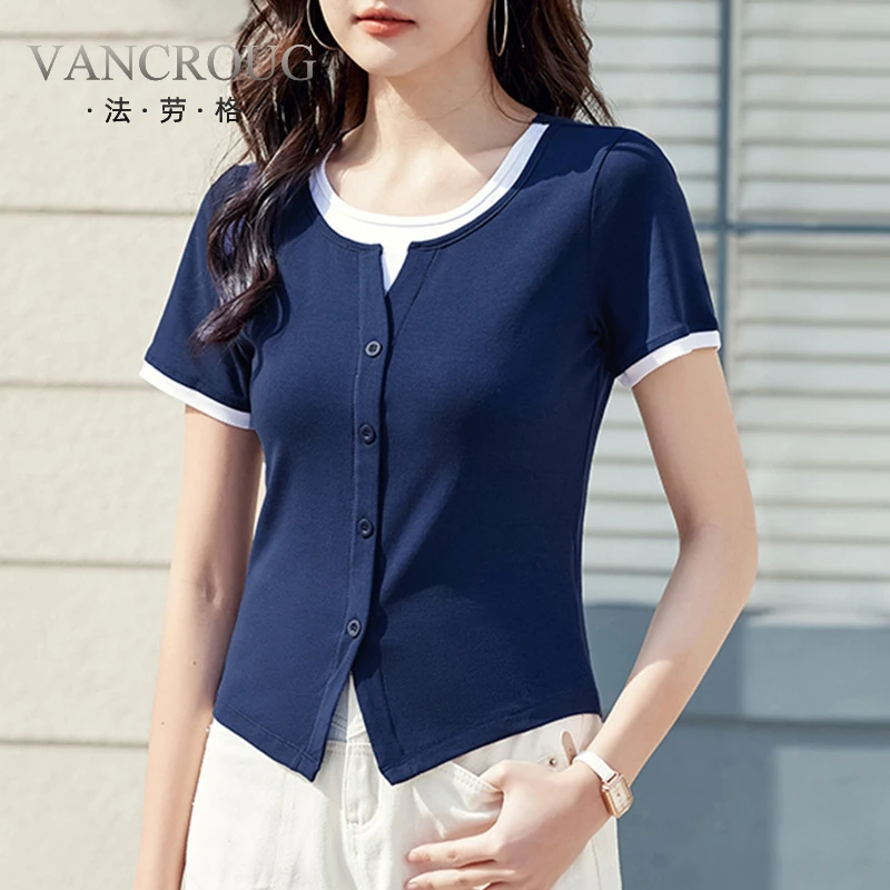 法劳格假两件圆领棉短袖T恤女夏2025新款拼接撞色修温婉大方衣