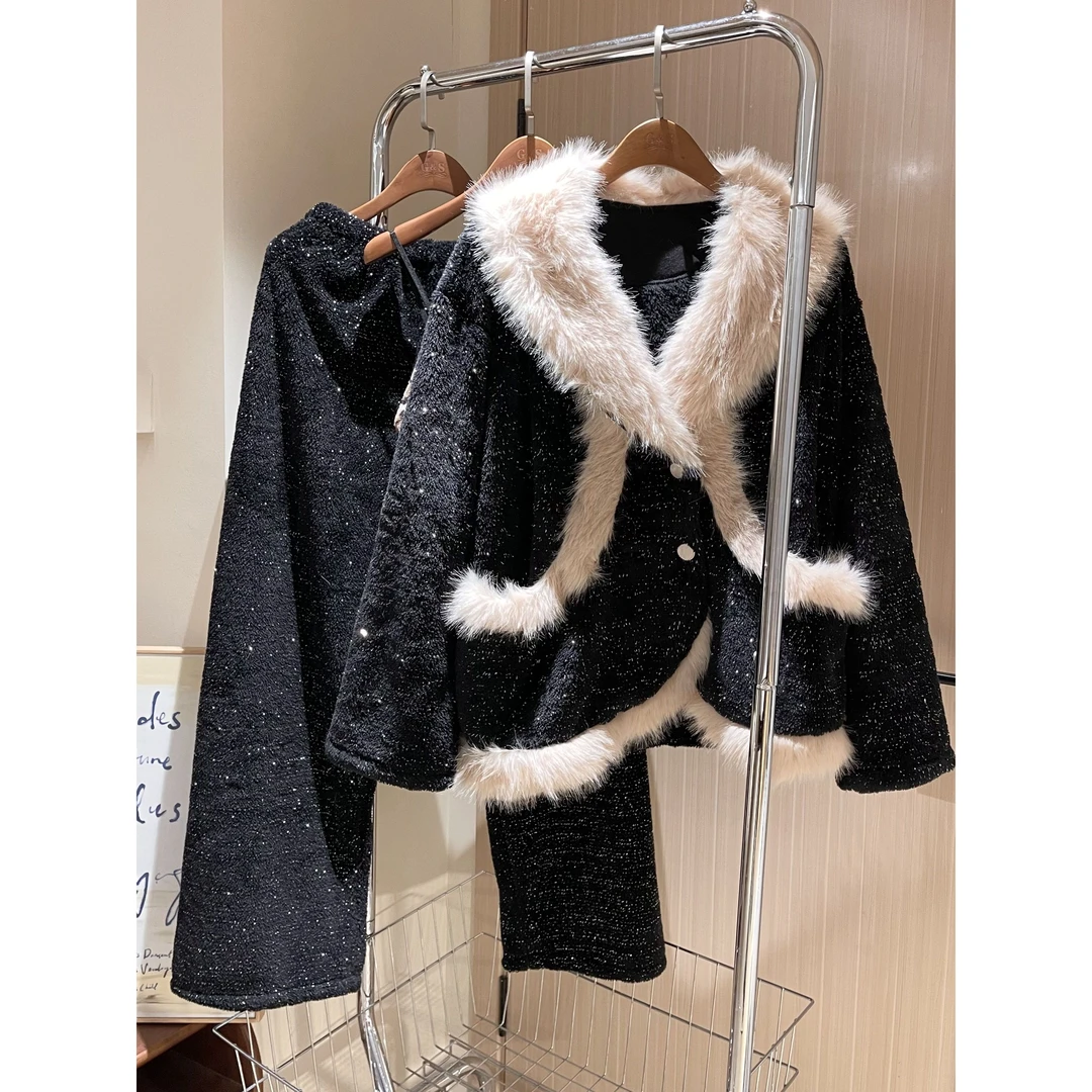 高级感纯欲气质毛领睡衣女冬季新款开衫珊瑚绒家居服三件套可外穿