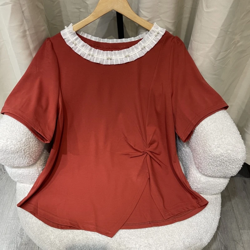 【苹果现货清清】夏季新款木耳边撞色设计腰间带褶皱短袖PWD32955