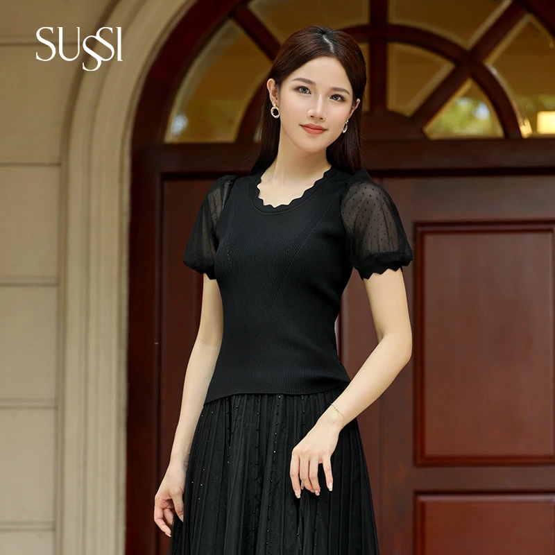 SUSSI/古色秋商场黑色修身针织网纱显瘦上衣短袖T恤女