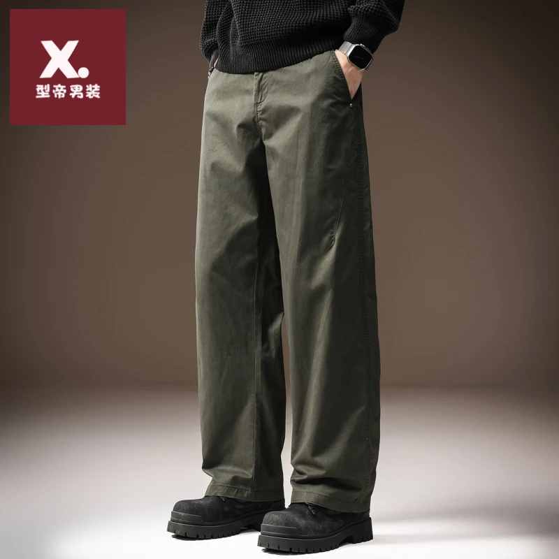 高端日系复古纯棉男士休闲裤秋冬加绒纯色简约宽松直筒阔腿长裤男