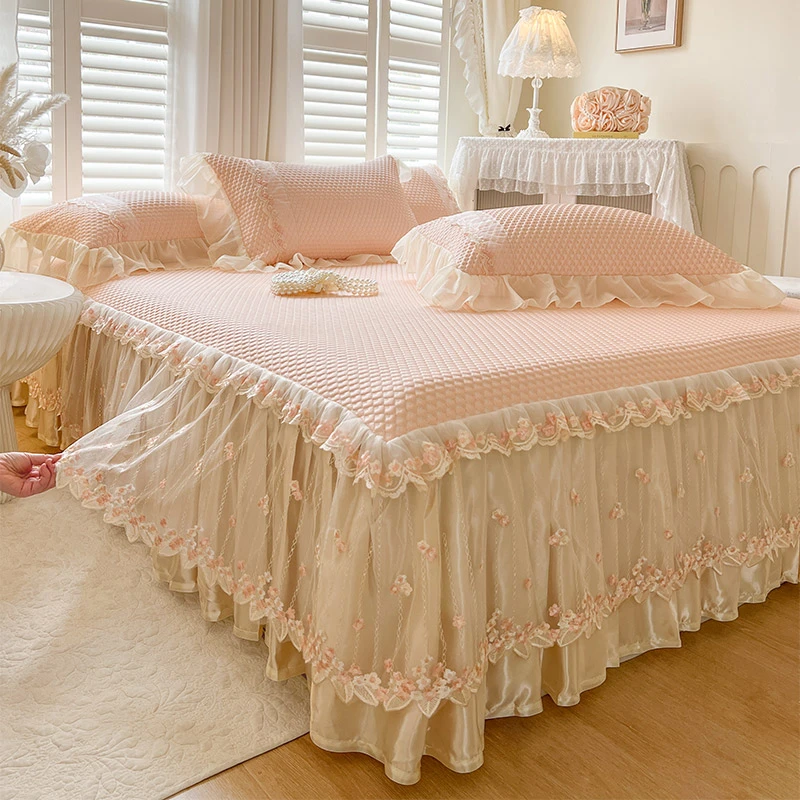 2025春夏新款法式高级凉豆豆床裙三件套可折叠水洗家用空调软席子