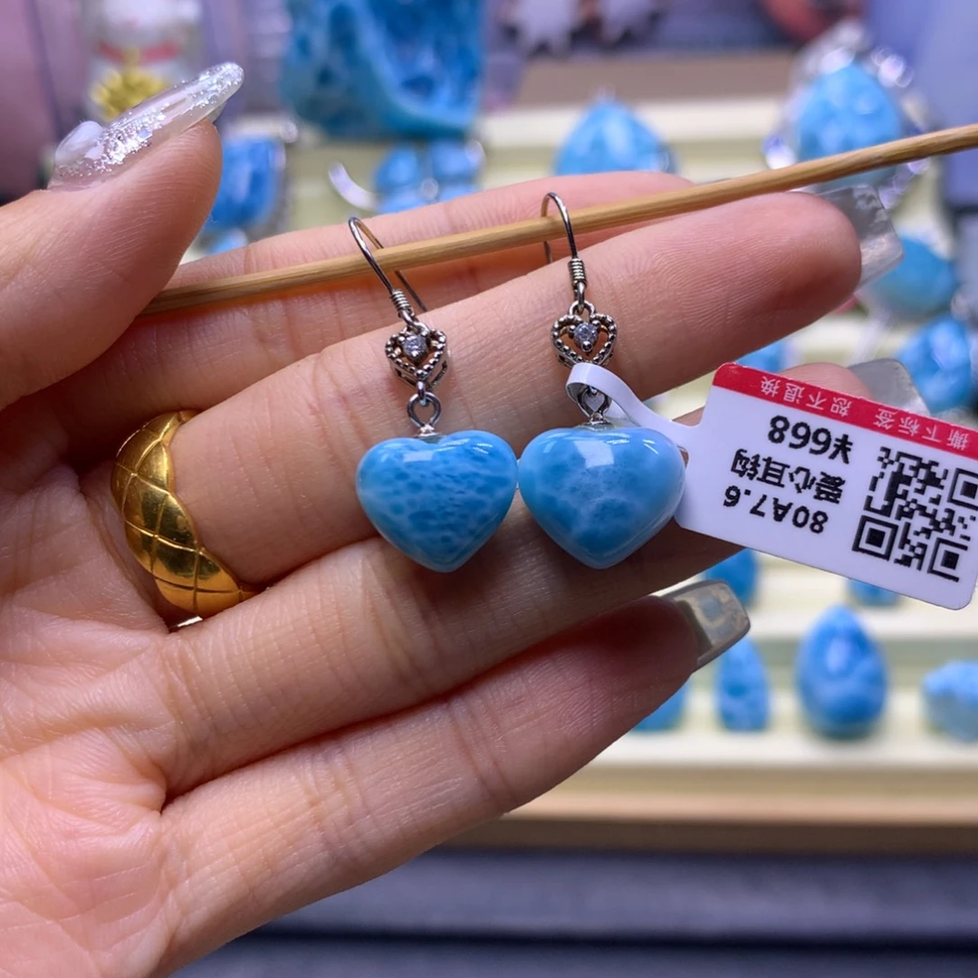 银S925镶嵌针钠钙石（海纹石）耳饰精品爱心耳环