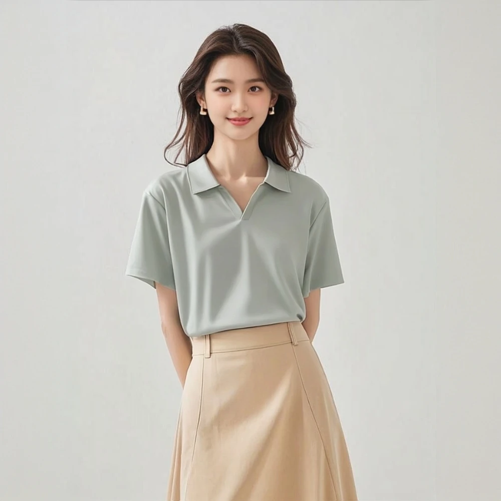 韩系V字翻领纯色宽松短袖T恤6221