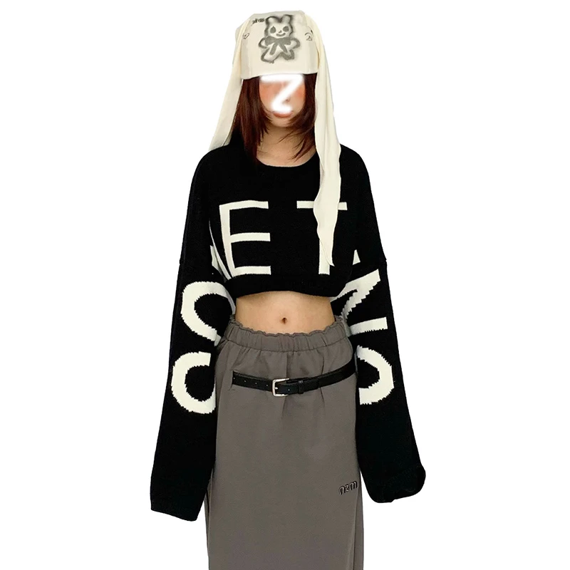 CAYK品牌慵懒字母提花短款毛衣女韩系宽松超大袖子套头针织衫