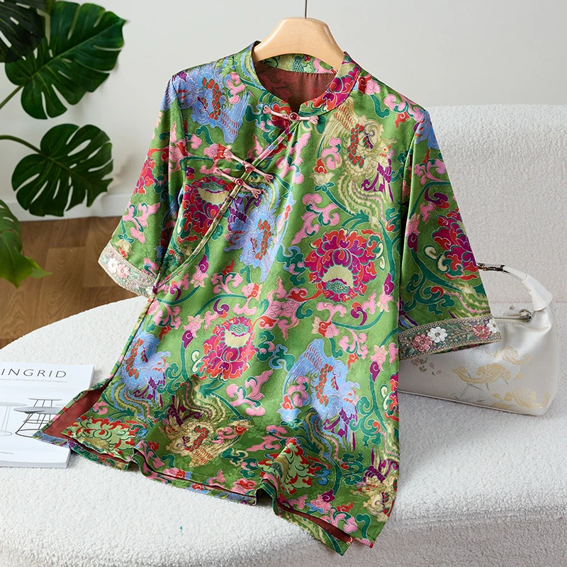 妈妈夏装短袖新中式洋气旗袍小衫贵夫人国风恤中老年提花上衣女